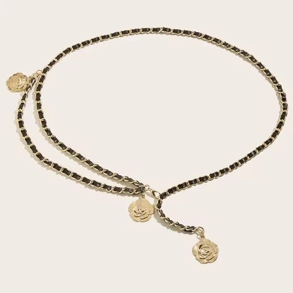 Trendy Gold Chain Waist Belt with Black Leather Weave - Picture 2 of 3